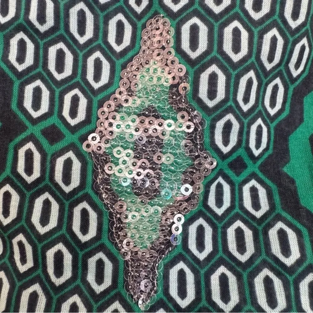 Tory Burch Women's Geometric Sequin 3/4 Sleeve‎ V Neck Tunic Sz 4 Green, Sparkle